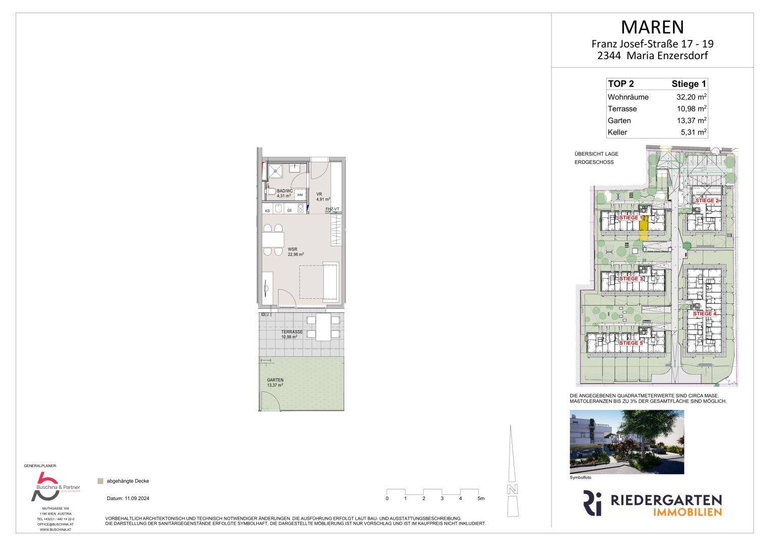 Detaillierter Grundriss einer Wohnung mit Schlafzimmer, Bad, Terrasse und eigenem Gartenbereich.