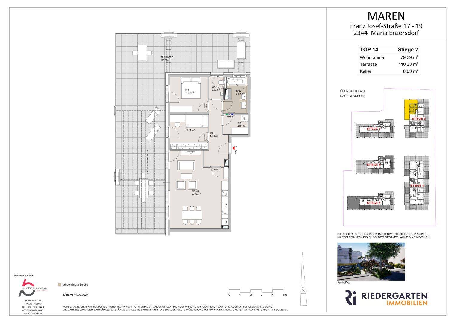 Grundriss einer modernen Wohnung mit offenem Wohn-Essbereich, zwei Schlafzimmern, Bad, separatem WC und weitläufiger Terrasse.