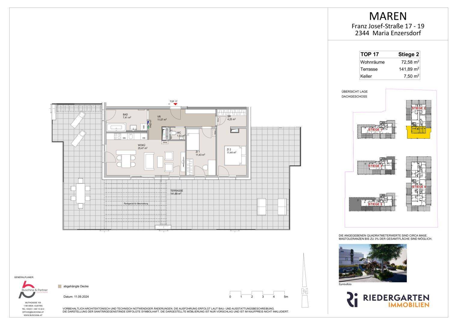 Detaillierter Grundriss einer Wohneinheit mit Terrasse und Kellerabteil.