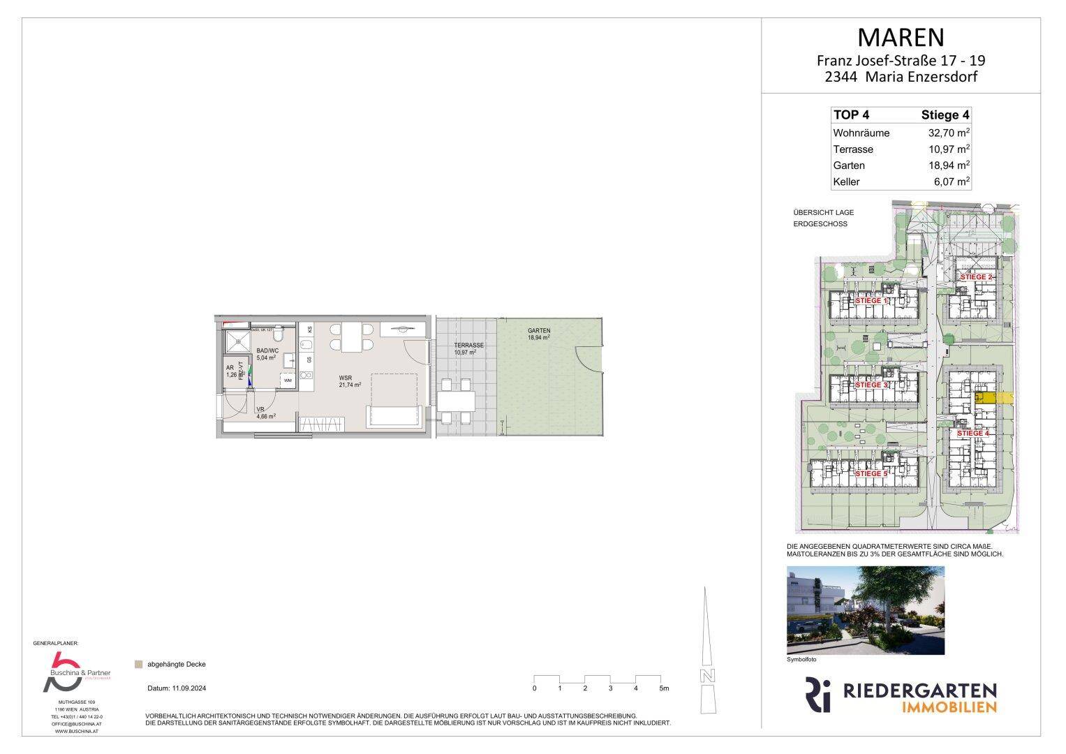 Grundriss einer Wohnung mit Terrasse und Garten, inklusive Flächenangaben.