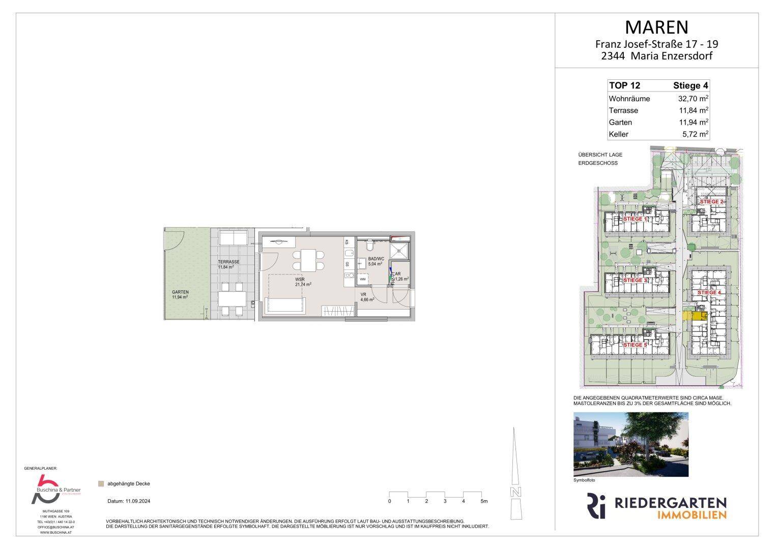 Grundriss einer Wohnung mit Terrasse und Garten, ergänzt durch eine Übersicht des Erdgeschosses.
