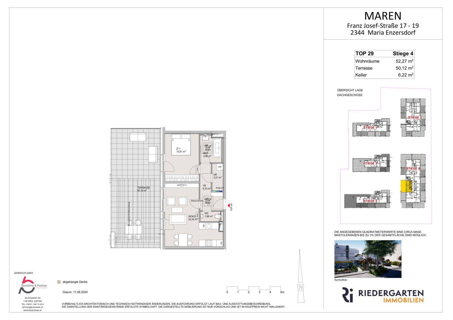 Grundriss einer modernen Wohnung mit offenem Wohnbereich, Schlafzimmer, Bad und großer Terrasse.