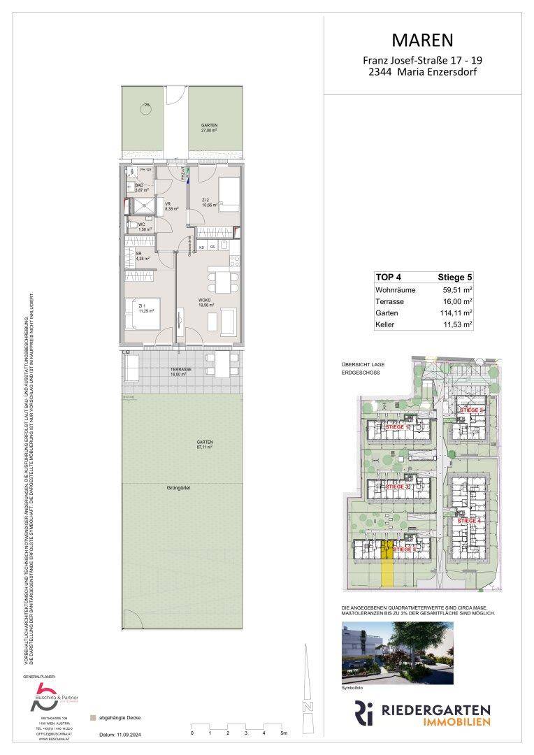 Grundriss einer Erdgeschosswohnung mit zwei Schlafzimmern, offener Wohnküche, Bad, separatem WC, Terrasse und großem Garten.