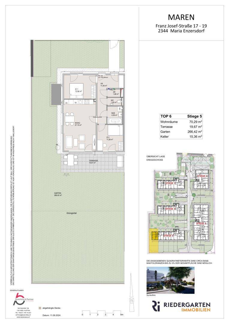 Detaillierter Grundriss einer Wohnung mit Terrasse und großem Garten, inklusive Übersicht der Anlage.