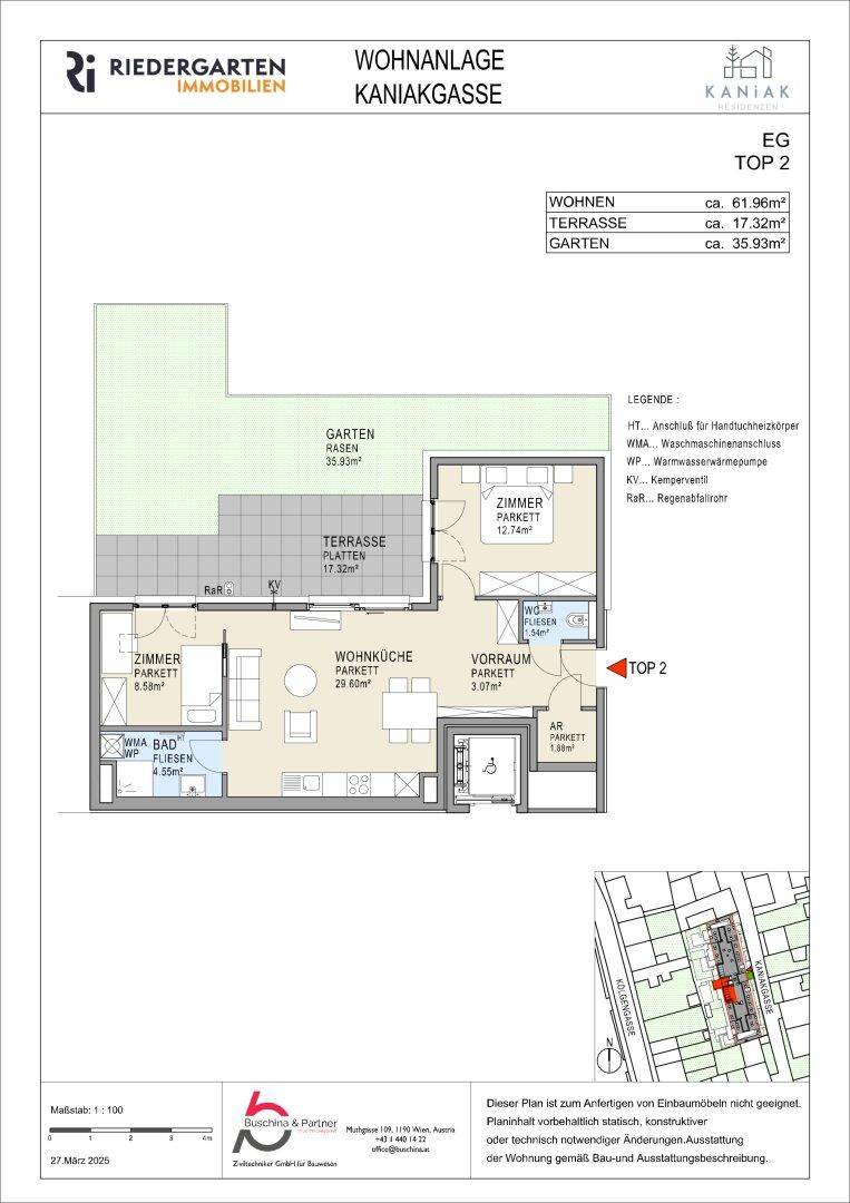 Grundriss des Erdgeschosses mit Wohnküche, Zimmern, Bad, Terrasse und Garten.