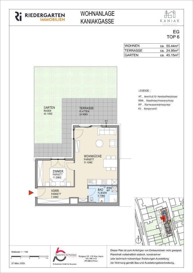 Grundriss der Wohnung EG Top 6 mit Wohnküche, Zimmer, Bad, Terrasse und Garten.