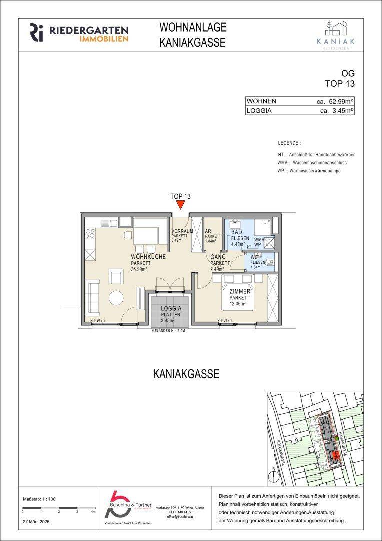 Grundriss der Wohneinheit TOP 13 mit Wohnküche, Bad, Zimmer und Loggia.