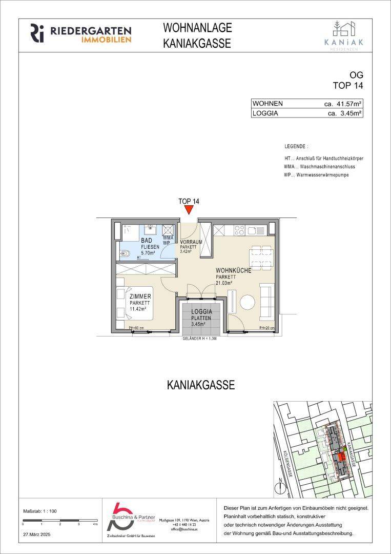 Grundriss der Wohnung TOP 14 mit Wohnküche, Schlafzimmer und Loggia.