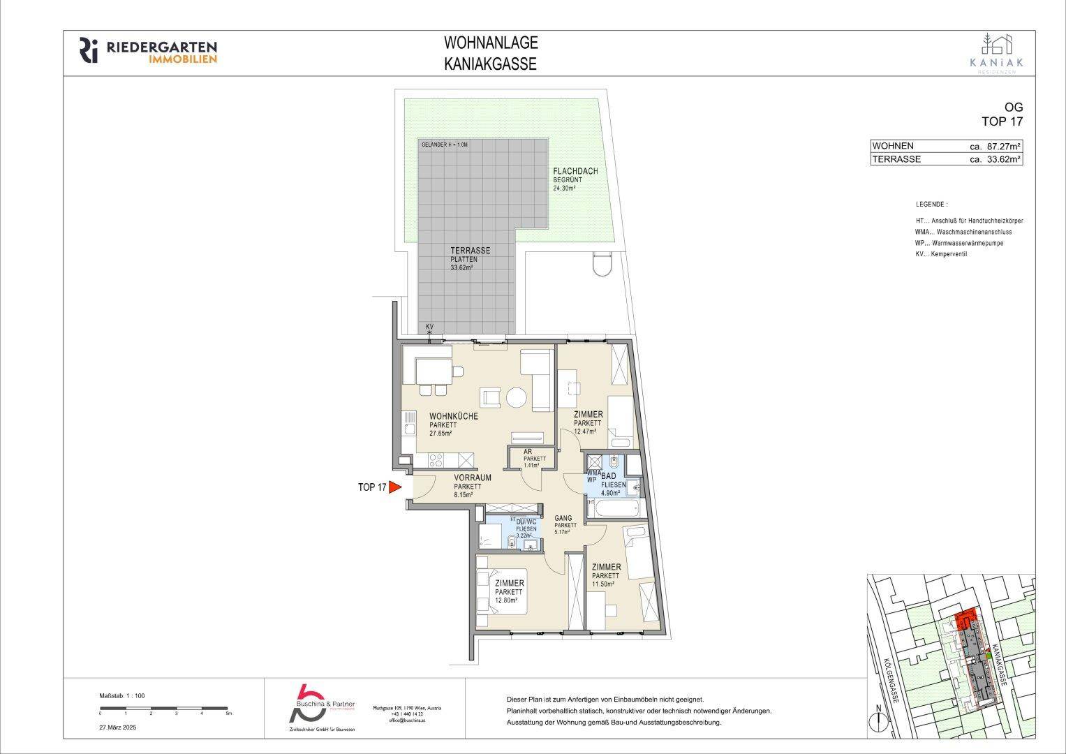Grundriss der Wohnung OG Top 17 mit Wohnküche, zwei Zimmern und großer Terrasse.