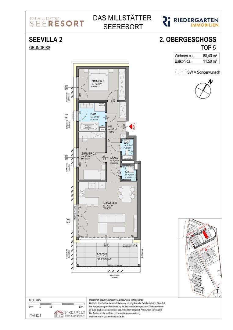 Grundriss des 2. Obergeschosses der Seevilla 2 mit zwei Zimmern, Bad und Balkon.
