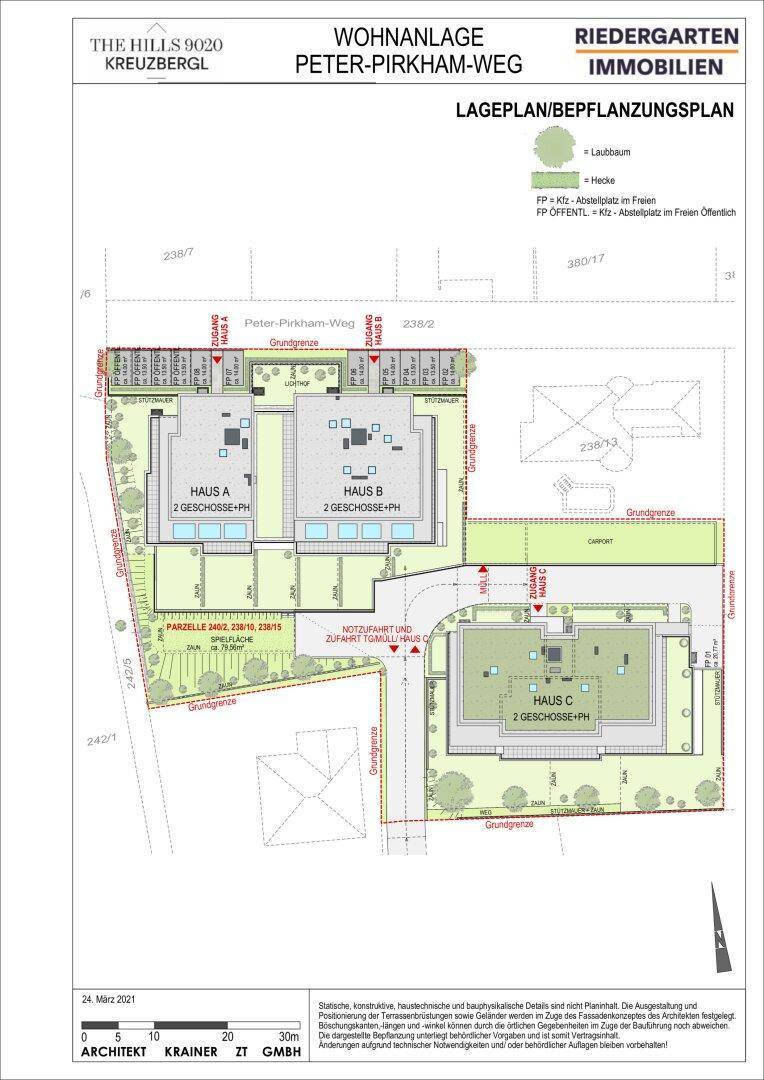 Lageplan und Bepflanzungsplan der Wohnanlage mit drei Häusern und gemeinschaftlichen Grünflächen.