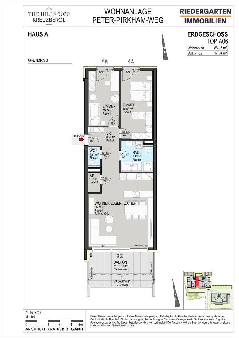 Grundriss des Erdgeschosses von Haus A mit offenem Wohn-Essbereich, Balkon und separatem WC.