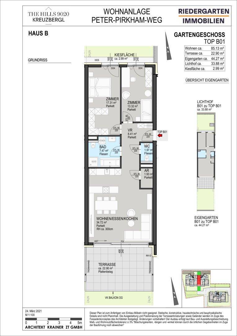 Grundriss des Gartengeschosses von Haus B mit Terrasse, Gartenanteil und offenem Wohn-Essbereich.