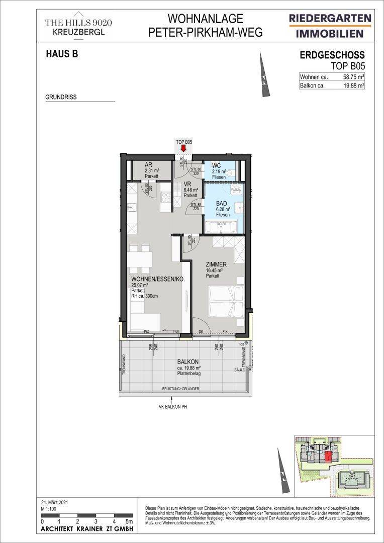 Grundriss des Erdgeschosses von Haus B mit offenem Wohn-Essbereich, Balkon und einem Schlafzimmer.