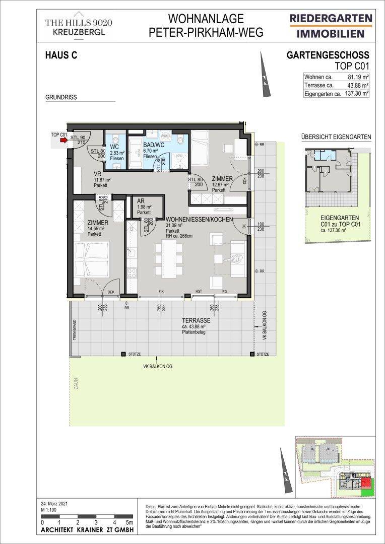 Grundriss des Gartengeschosses von Haus C mit großer Terrasse, Garten und offenem Wohn-Essbereich.