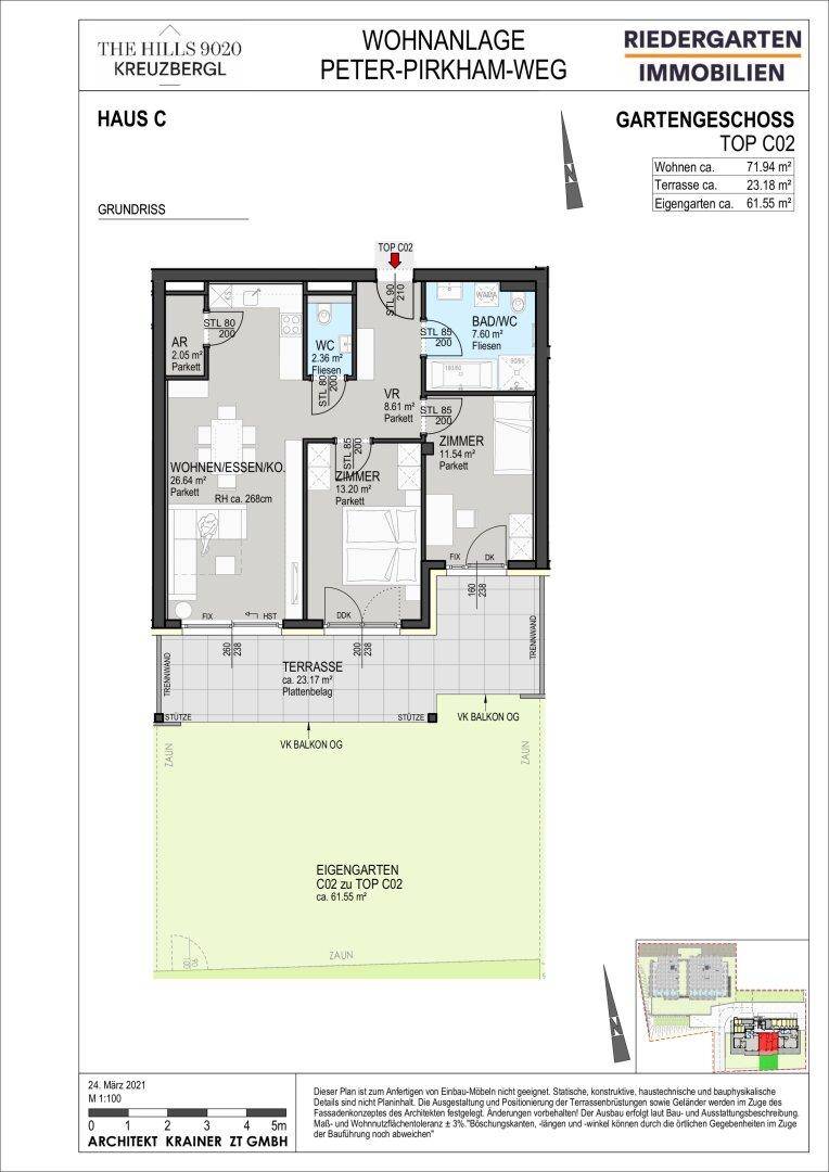 Grundriss des Gartengeschosses von Haus C mit Terrasse, Gartenanteil und offenem Wohn-Essbereich.