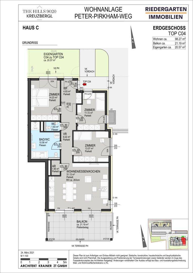 Grundriss des Erdgeschosses von Haus C mit Balkon, Gartenanteil und offenem Wohn-Essbereich.