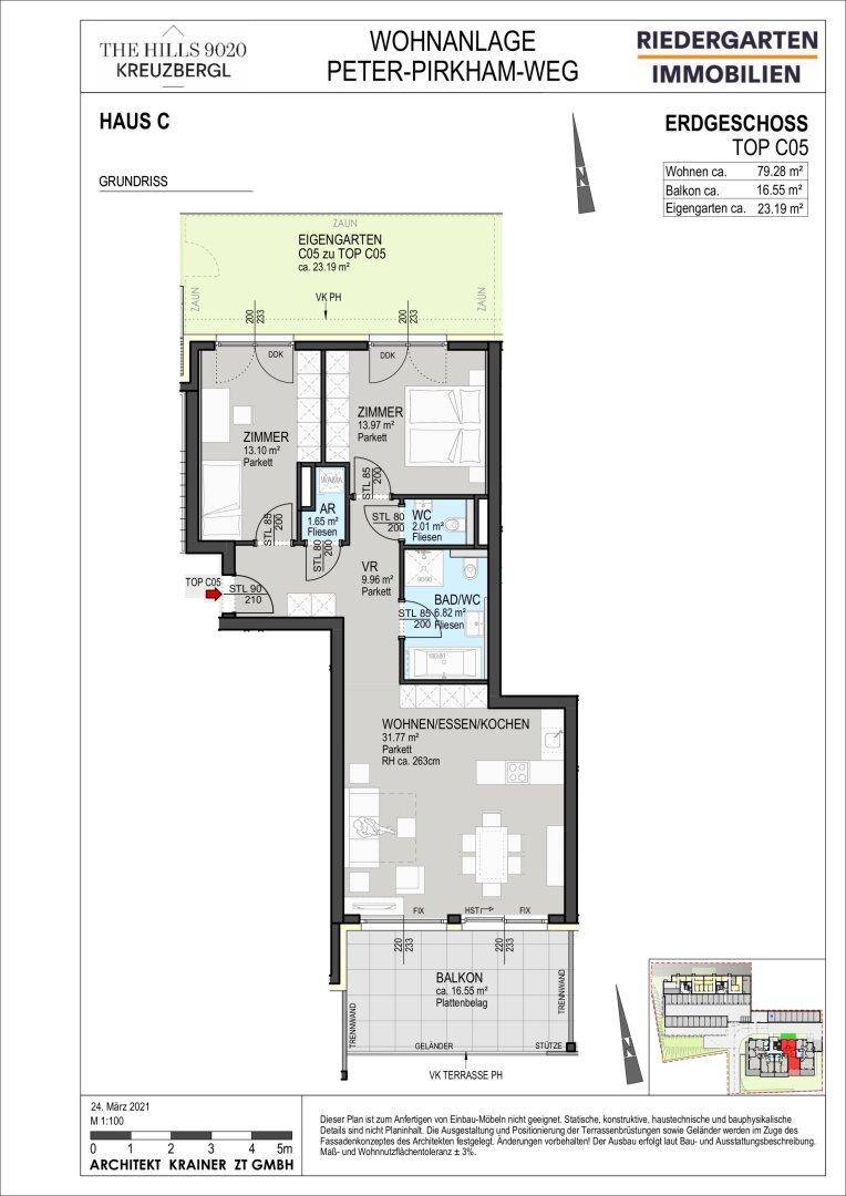 Grundriss des Erdgeschosses von Haus C mit Balkon, Gartenanteil und offenem Wohn-Essbereich.