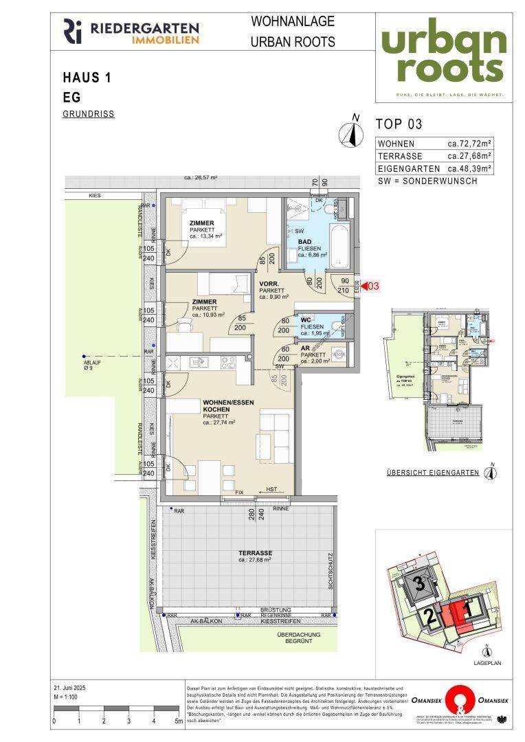 Grundriss für eine Erdgeschosswohnung mit offenem Wohnbereich, zwei Zimmern und großer Terrasse.