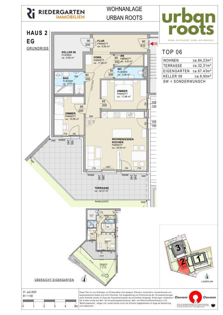 Grundriss einer Wohnung im Erdgeschoss mit Terrasse und Gartenanteil sowie Kellerabteil.