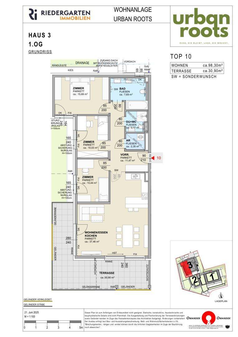 Grundriss des ersten Obergeschosses von Haus 3 mit offenem Wohnbereich und großer Terrasse.