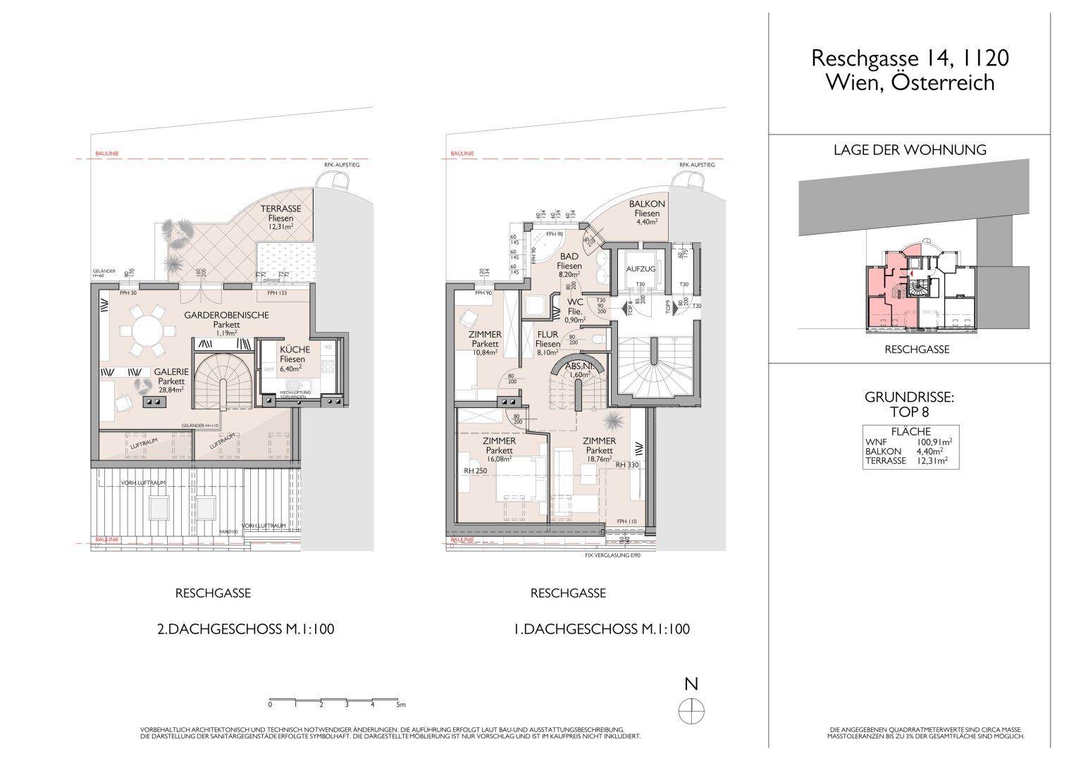 Grundrisspläne für zwei Dachgeschosse mit Zimmeraufteilung, Balkon und Terrasse.