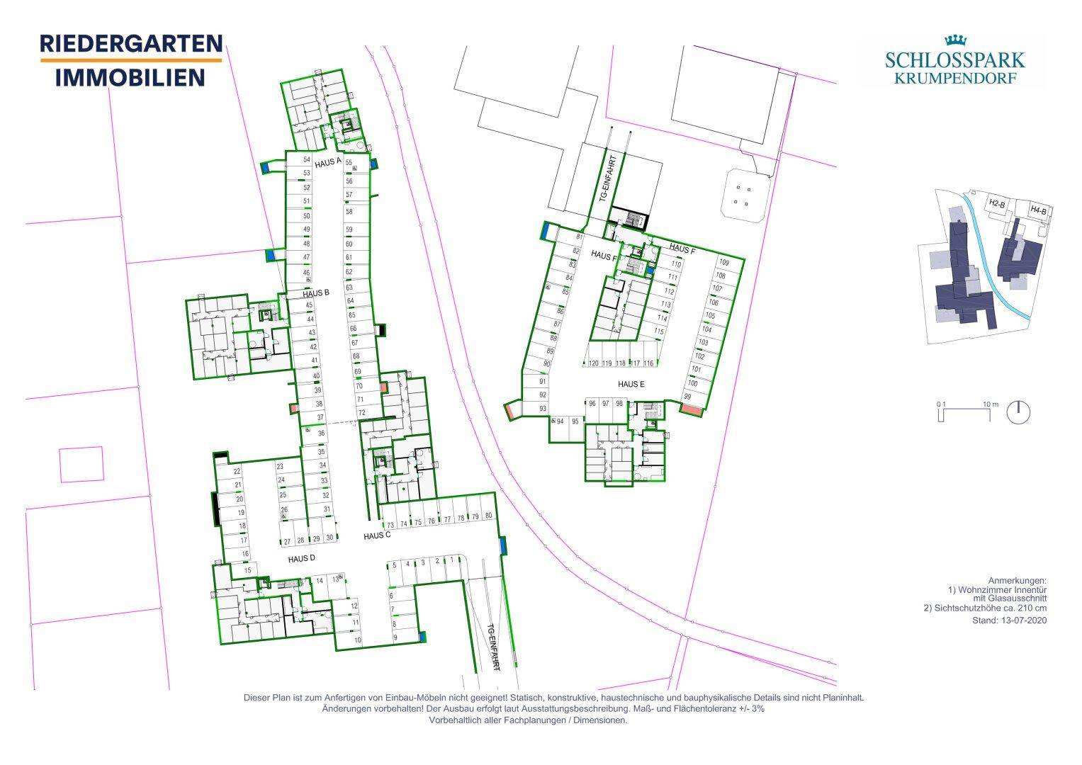 Übersichtsplan der Wohngebäude mit Grundrissen und Stellplätzen der Anlage SchlossPark Krumpendorf.