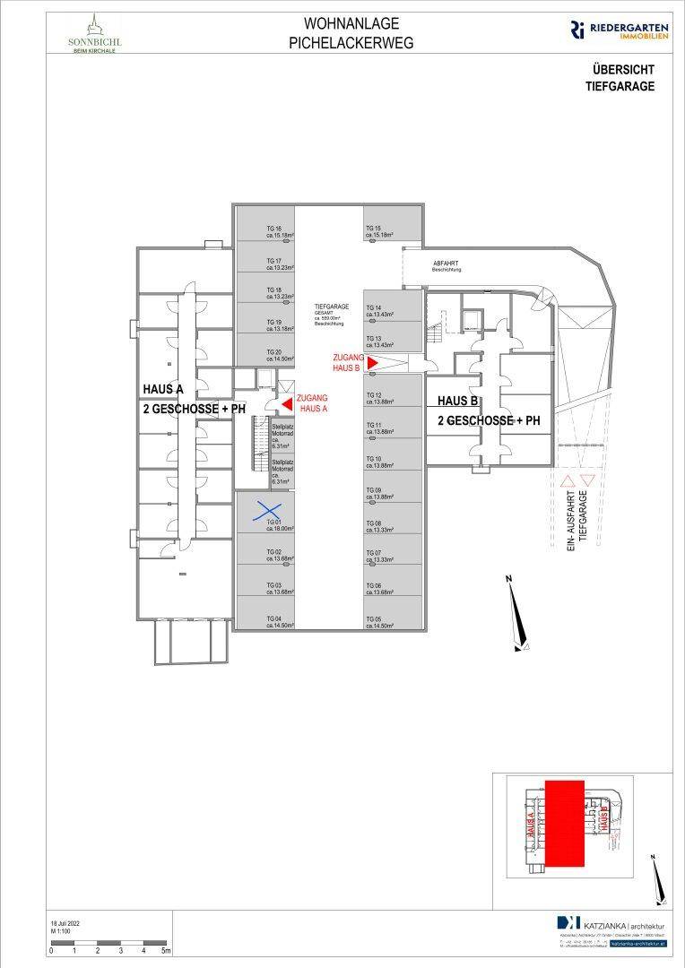 Übersichtsplan der Tiefgarage für die Wohnanlage mit zwei Gebäudeteilen und verschiedenen Zugängen.