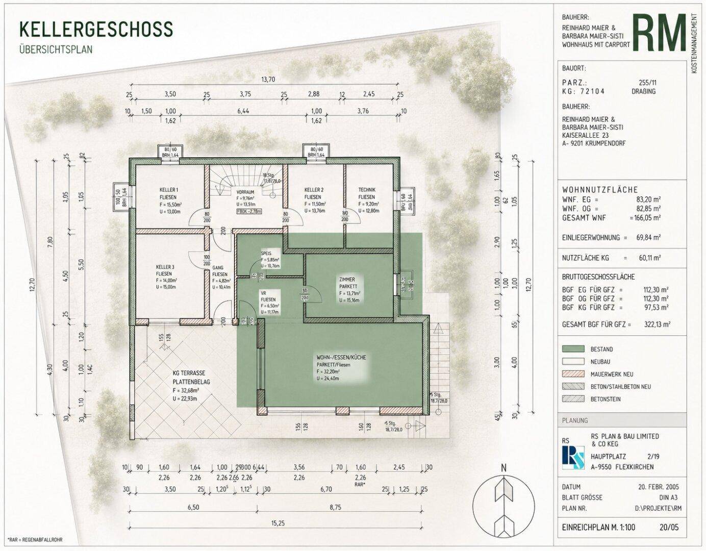 Grundriss des Kellergeschosses mit Kellerräumen und Technikbereich.