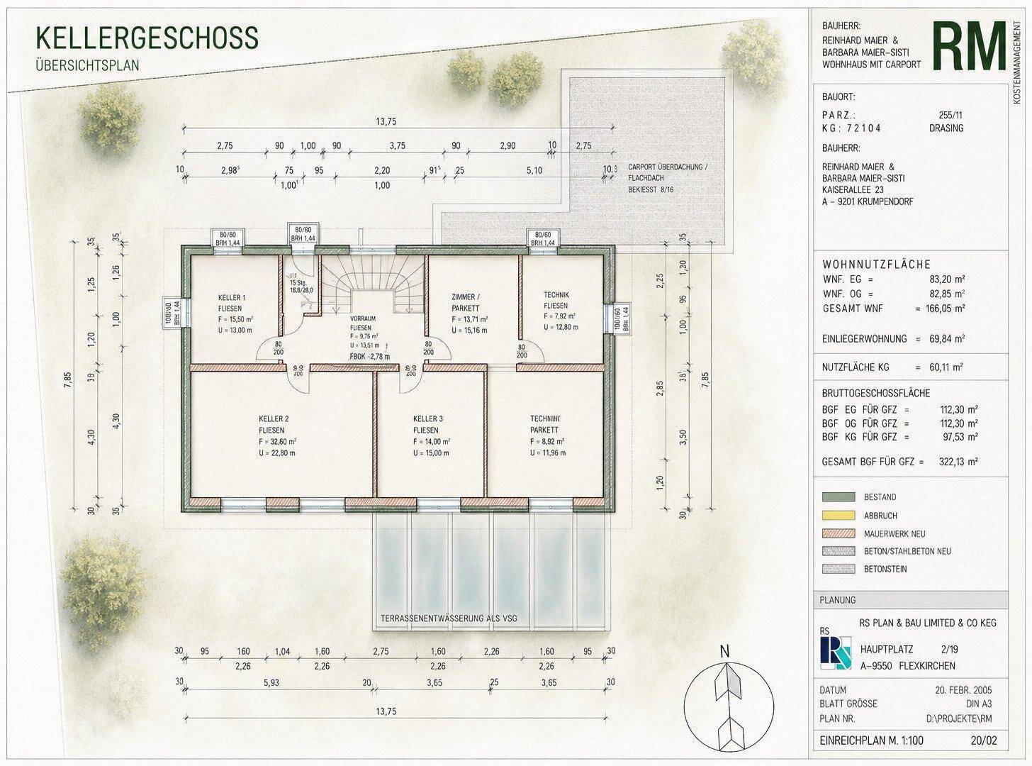 Grundriss des Kellergeschosses mit mehreren Kellerräumen und Zugang zur Terrasse.