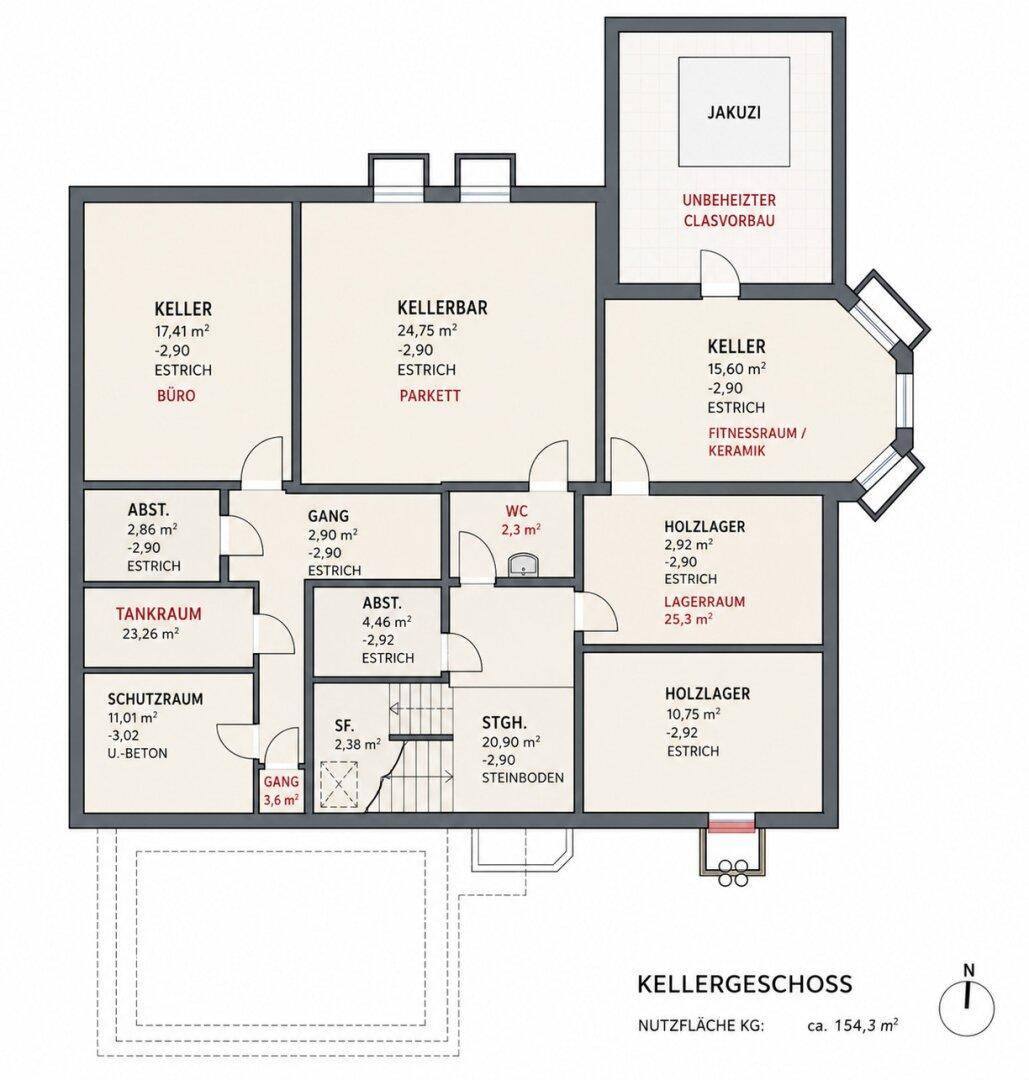 Grundriss des Kellergeschosses mit verschiedenen Funktionsräumen wie Kellerbar, Fitnessraum und Jacuzzi-Bereich.