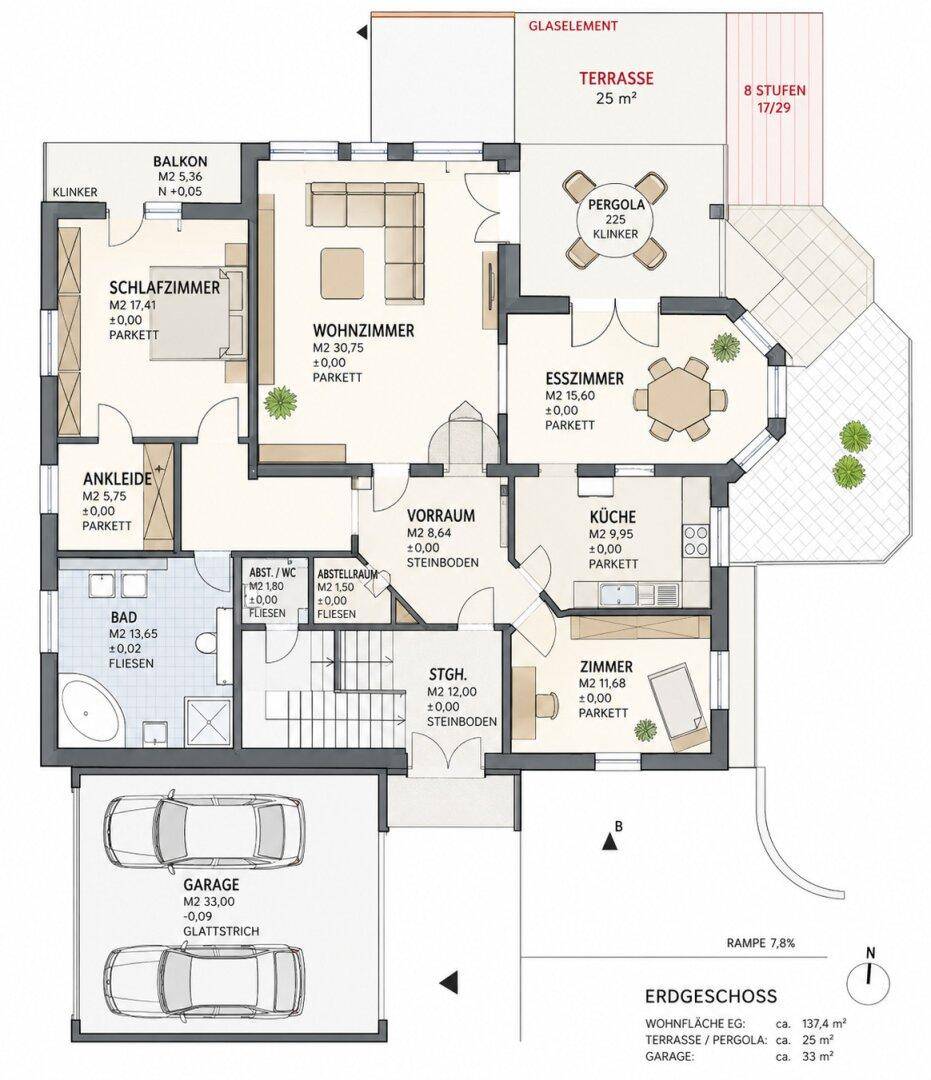Grundriss des Erdgeschosses mit Wohnzimmer, Esszimmer, Küche und Garage.