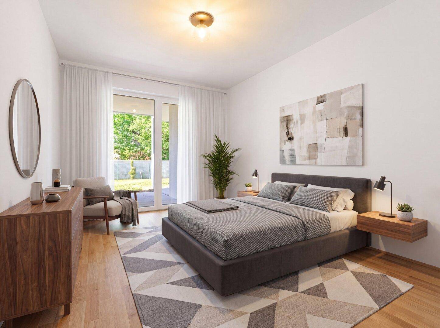 Helles Schlafzimmer mit Holzboden, großem Bett und direktem Zugang zur Terrasse oder zum Garten.