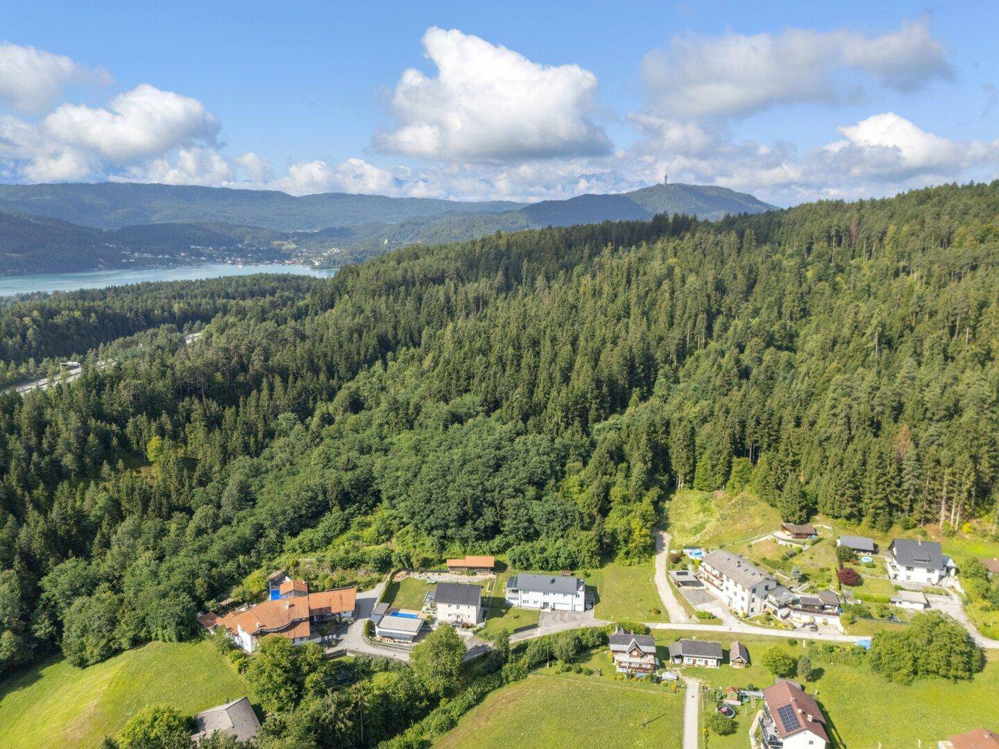 Weitläufige Luftaufnahme der malerischen Landschaft mit See, Bergen und dichtem Waldgebiet.