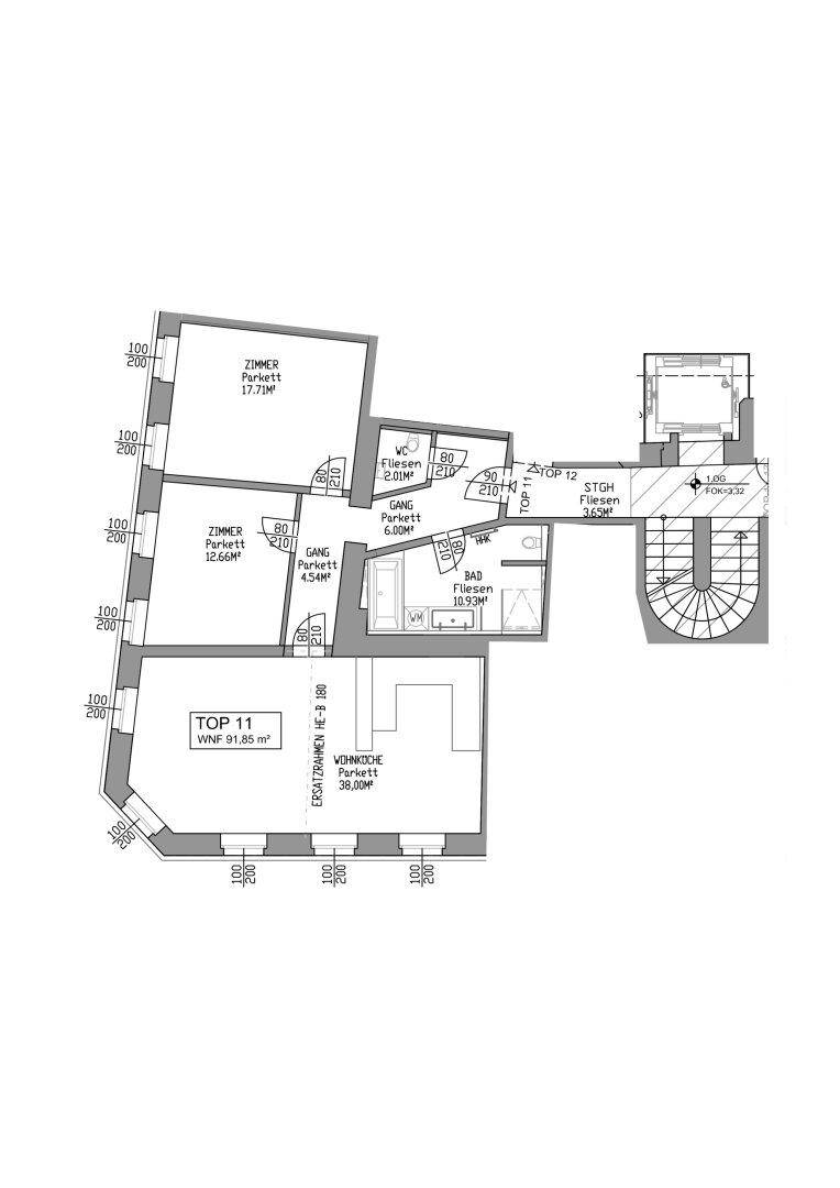 Grundriss der Wohnung mit Zimmeraufteilung und Flächenangaben.