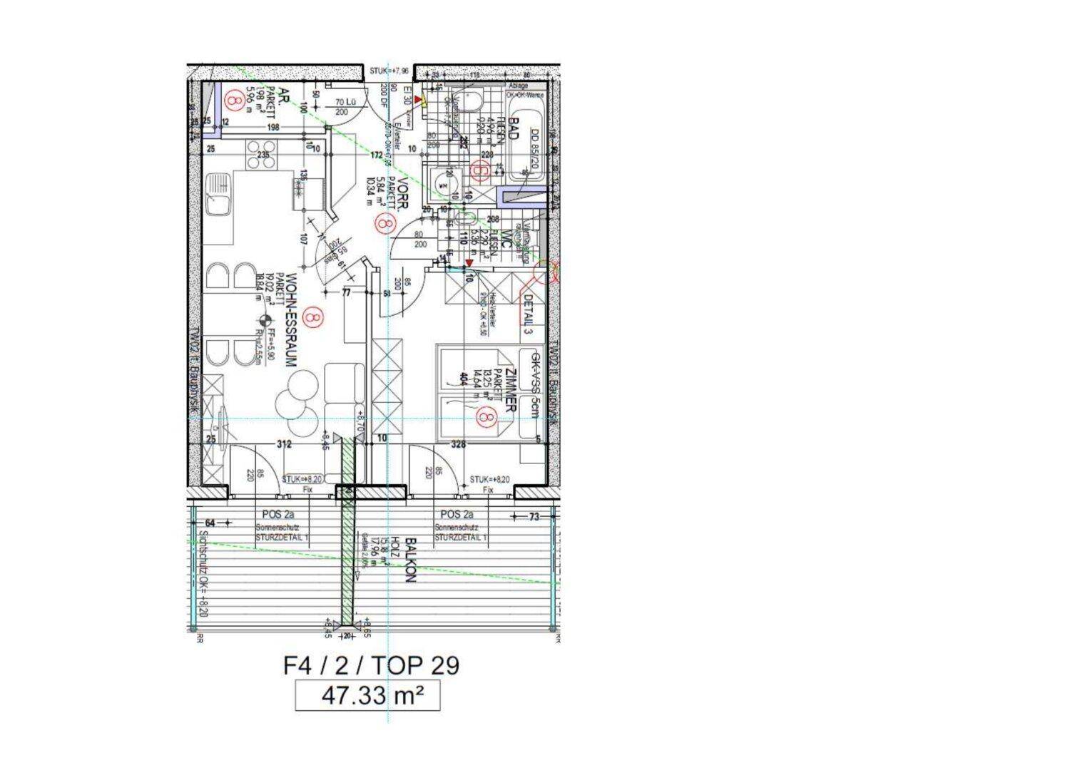 Grundriss einer Wohnung mit Balkon, Schlafzimmer und offenem Wohn-Essbereich.