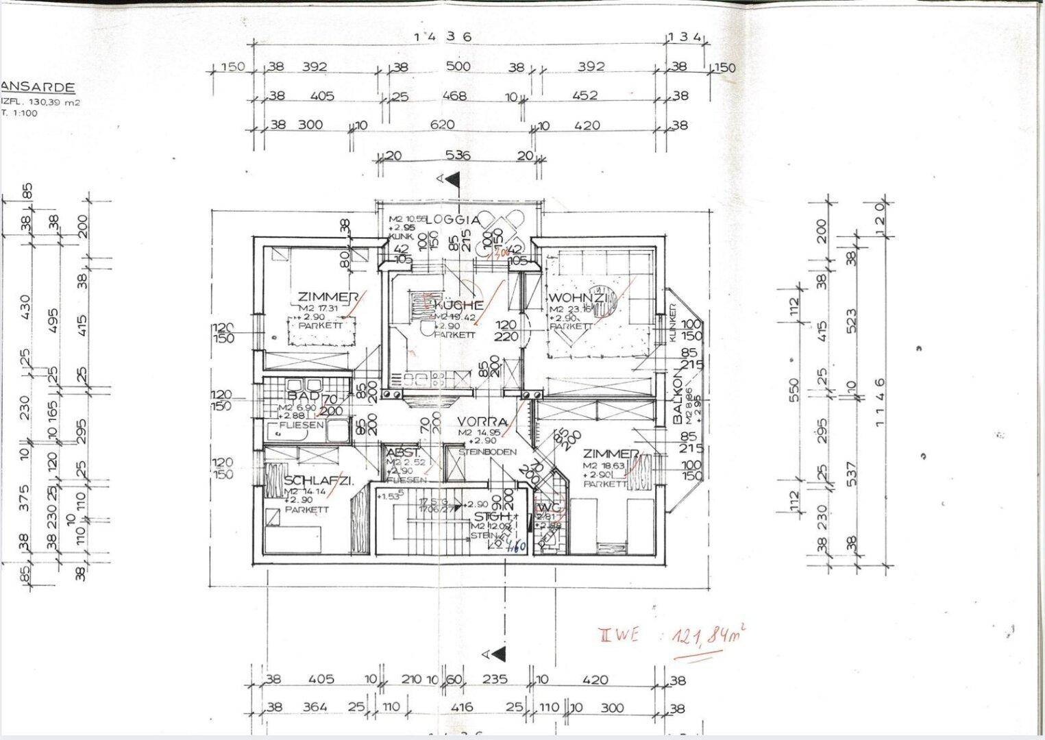 Grundriss einer Wohnung mit 121,84m² Wohnfläche, mehreren Zimmern, Küche, Bad, Loggia und Balkon.