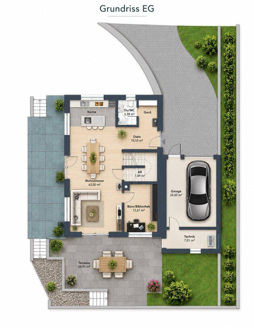 Grundriss des Erdgeschosses mit Wohnzimmer, Küche, Büro und Garage.