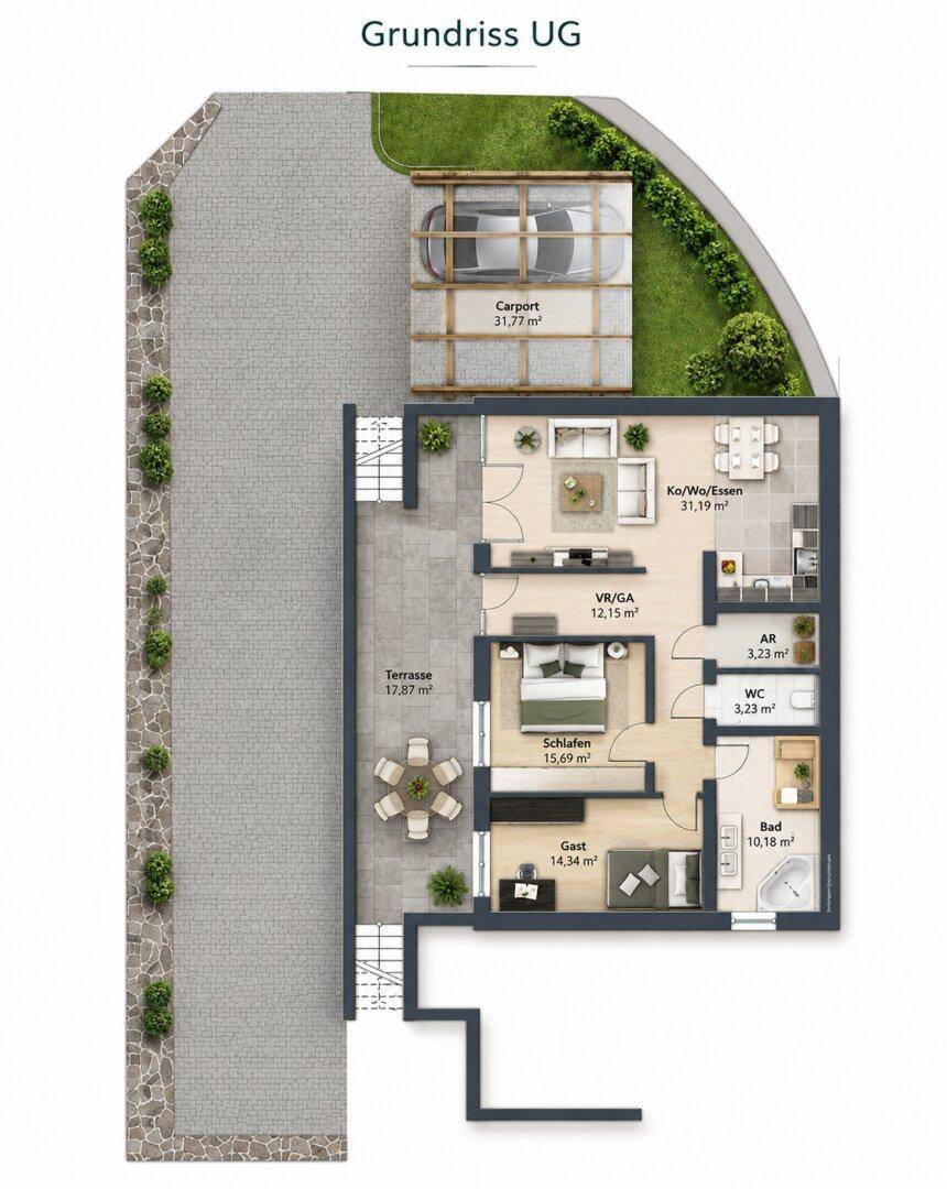 Grundriss des Untergeschosses mit Wohnbereich, Schlafzimmer und Carport.