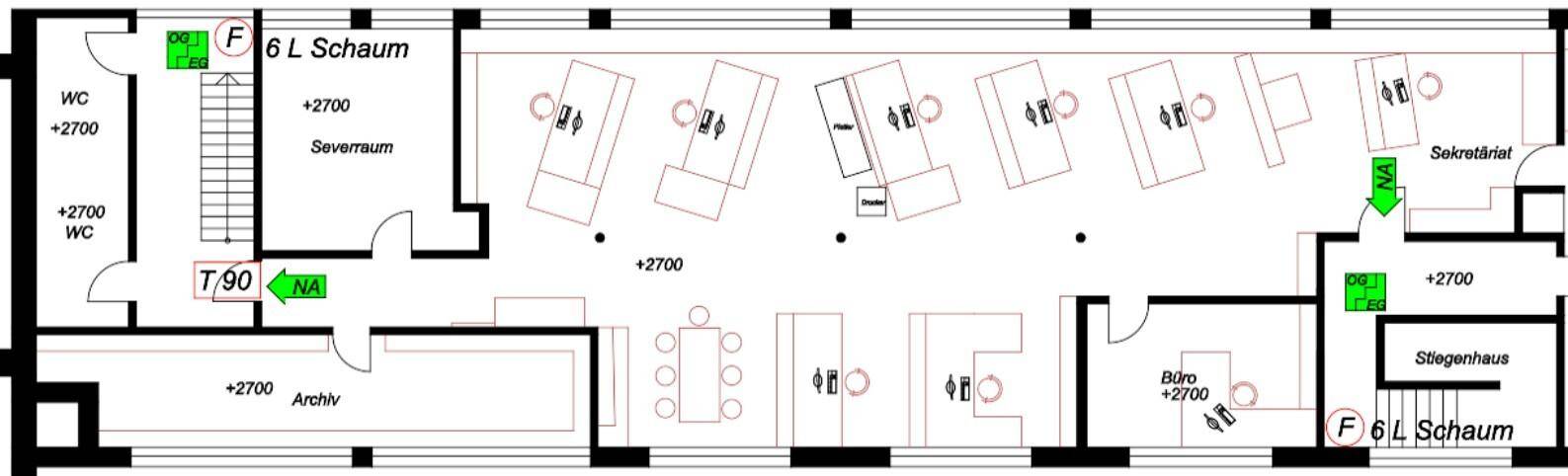 Grundriss eines Bürogeschosses mit mehreren Arbeitsbereichen, Treppenhaus und zwei Toiletten.