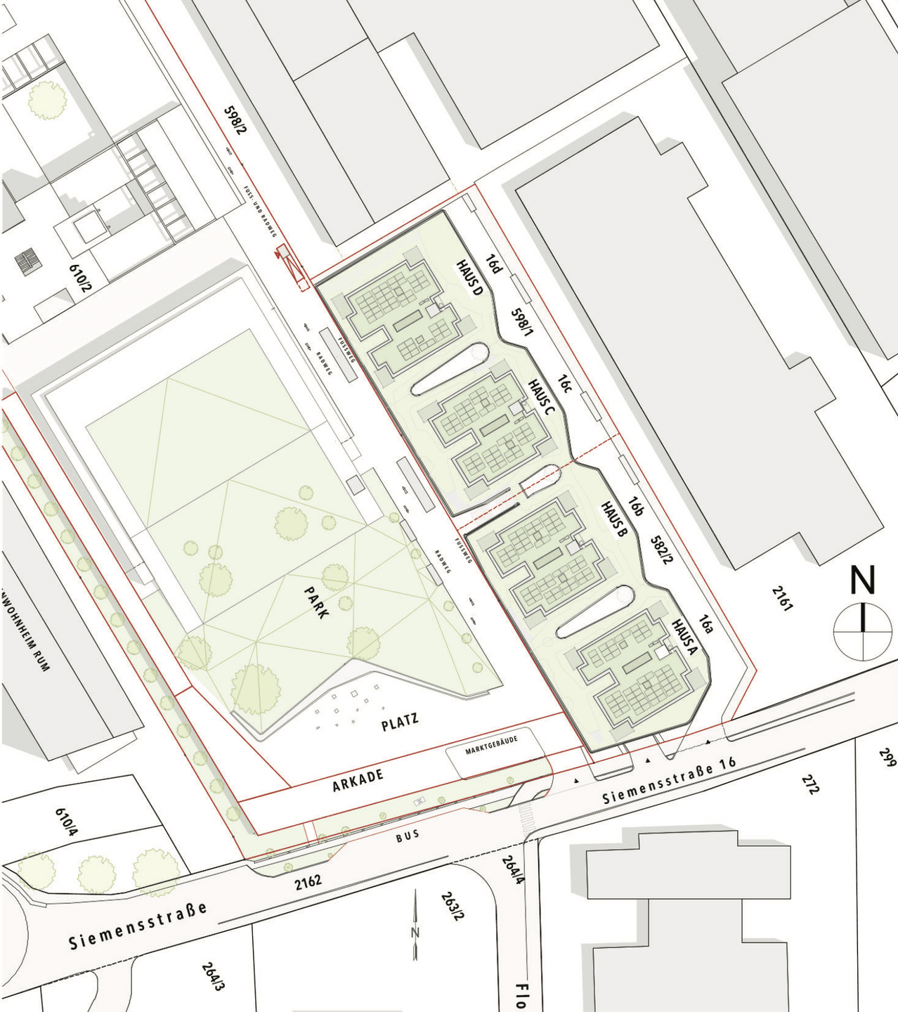Übersichtsplan des Areals mit mehreren Gebäuden, Parkflächen, Grünanlagen und Wegen.