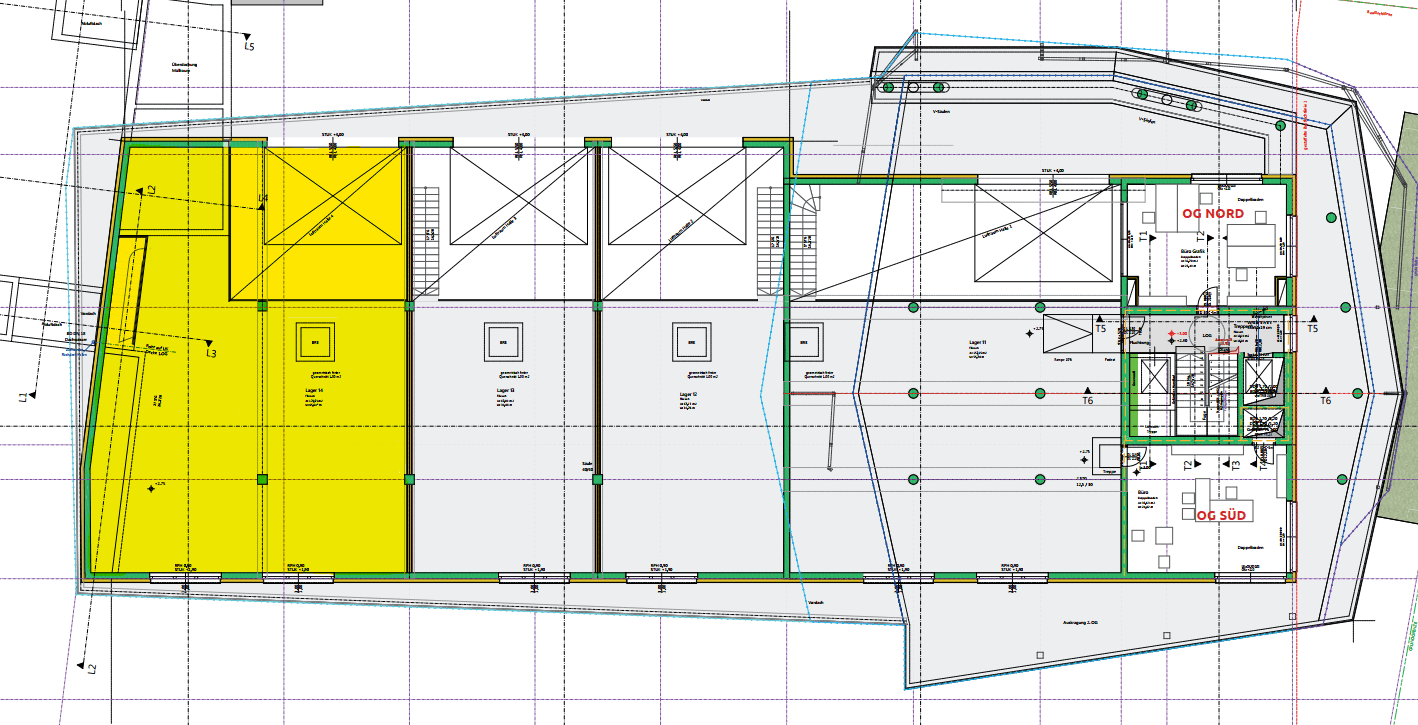 Grundrissplan des Obergeschosses mit markierten Flächen und der Anordnung der verschiedenen Räumlichkeiten.