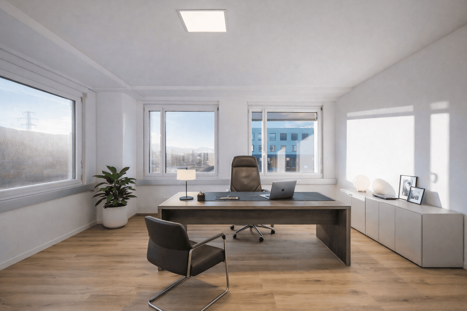 Eckbüro mit KI-Möblierung