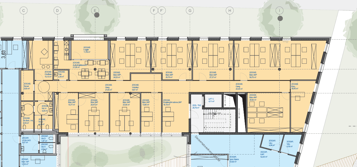 Detaillierter Grundriss einer Etage mit Büroräumen, Aufzug und Loggia.