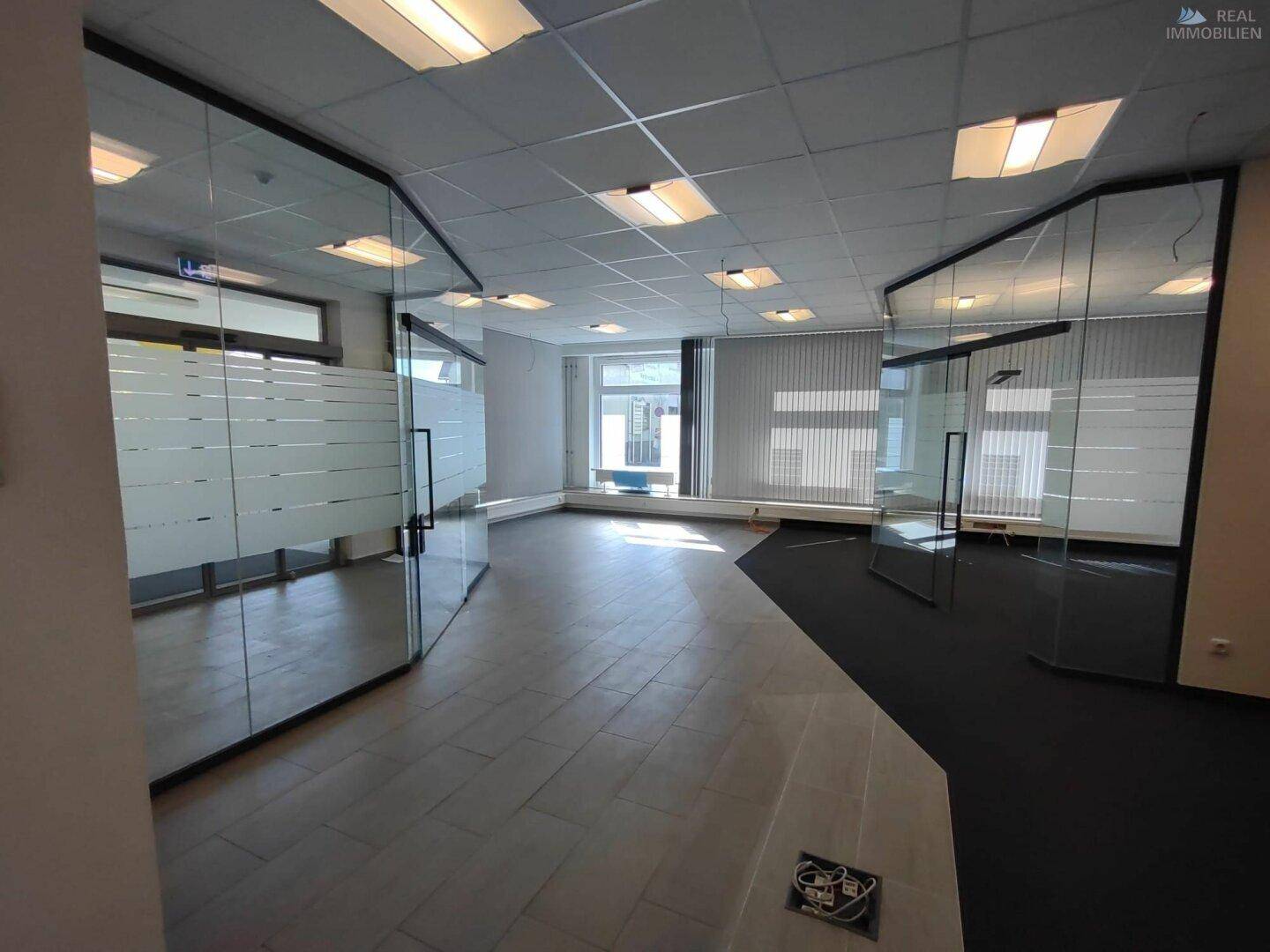 Offener Bürobereich mit Glasabtrennungen, kombiniertem Fliesen- und Teppichboden und Tageslicht.
