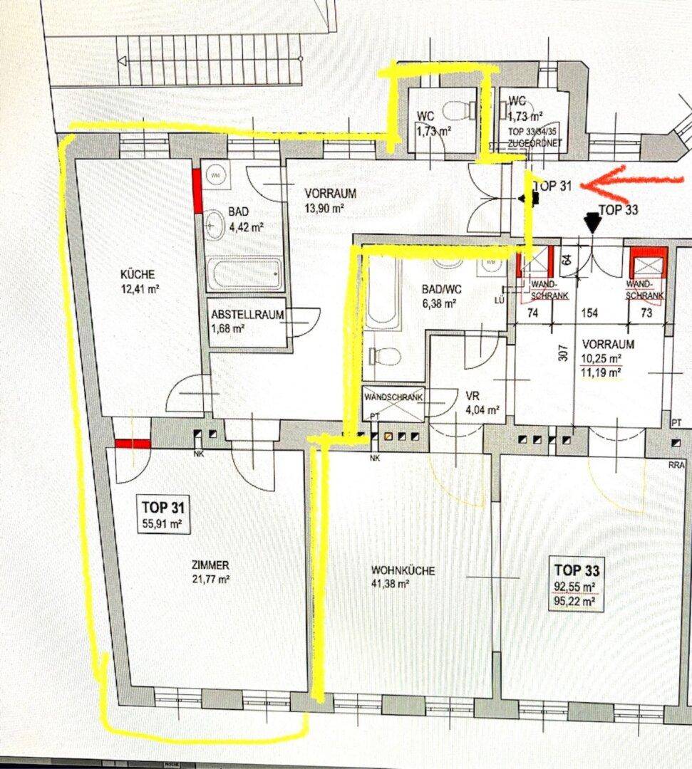 Detaillierter Grundriss mit hervorgehobenen Bereichen, zeigt Küche, Bad und Wohnräume.