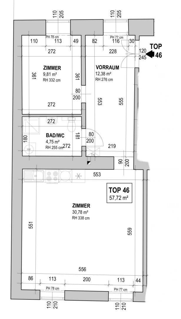 Grundriss der Wohnung TOP 46 mit zwei Zimmern, Bad und Vorraum.