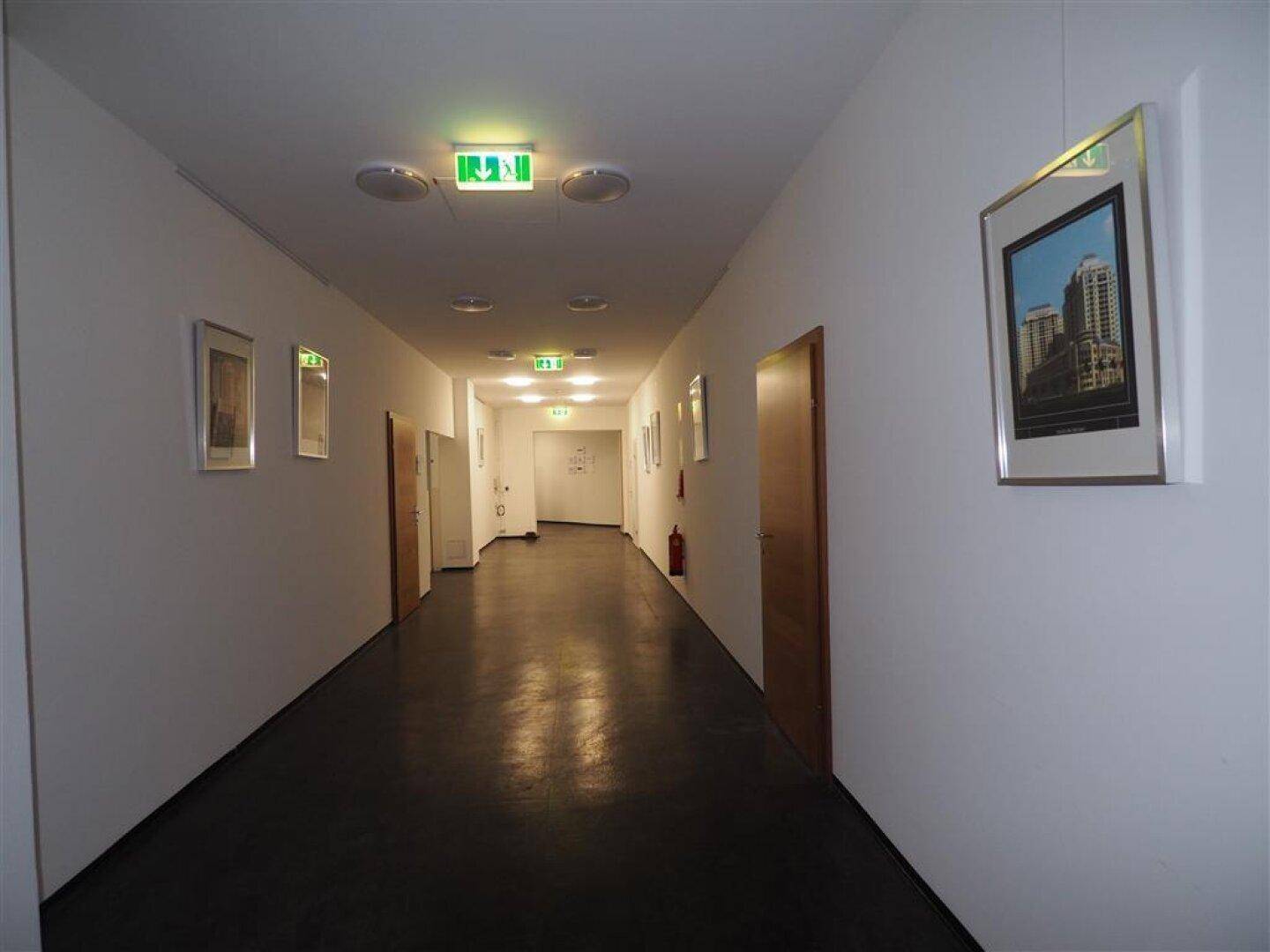 Geräumiger Flur mit moderner Beleuchtung, dunklem Boden und Bildern an den weißen Wänden.