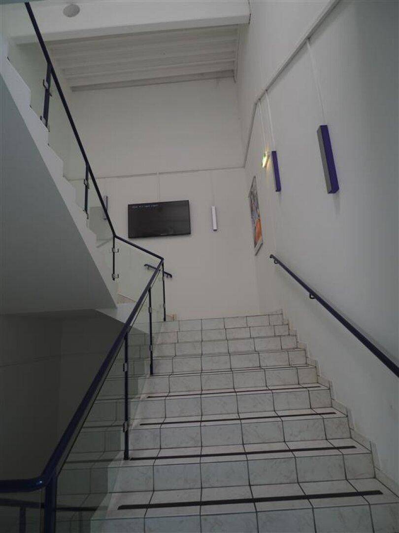 Modernes Treppenhaus mit Fliesenboden, Glasgeländer und blauen Handläufen, das in die oberen Stockwerke führt.