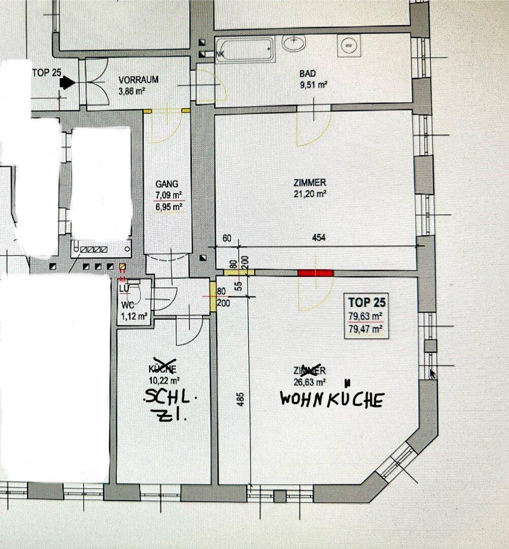 Grundriss der Wohnung Top 25 mit drei Zimmern, Bad, WC und Wohnküche.